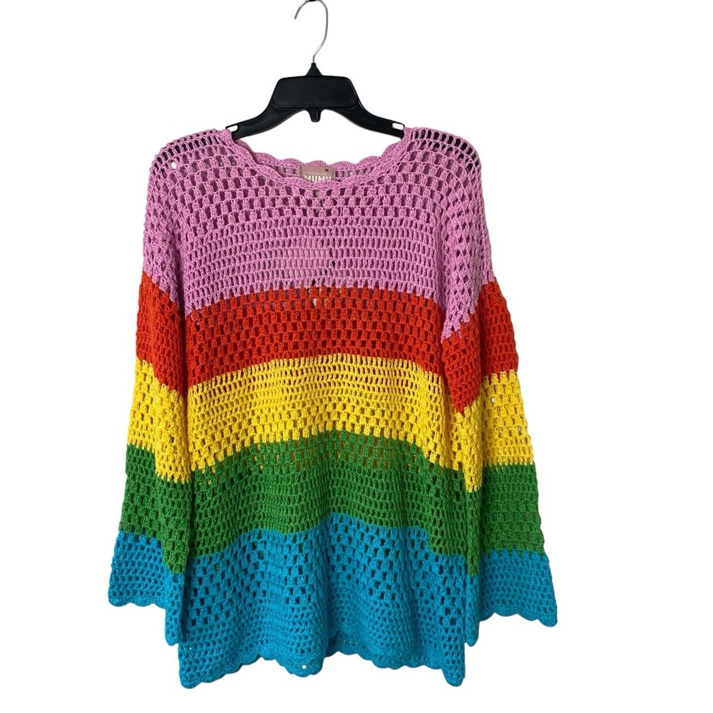 Show Me Your Mumu Paula Pullover XS Bright Stripe Crochet Swim Cover Up